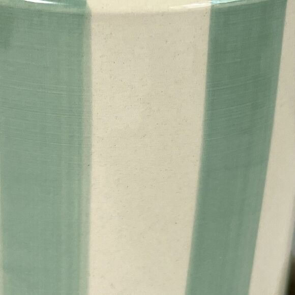 Striped Ceramic Planter Scallop Petal Edge DRAINAGE Attached Saucer Blue Cream - Picture 6 of 12